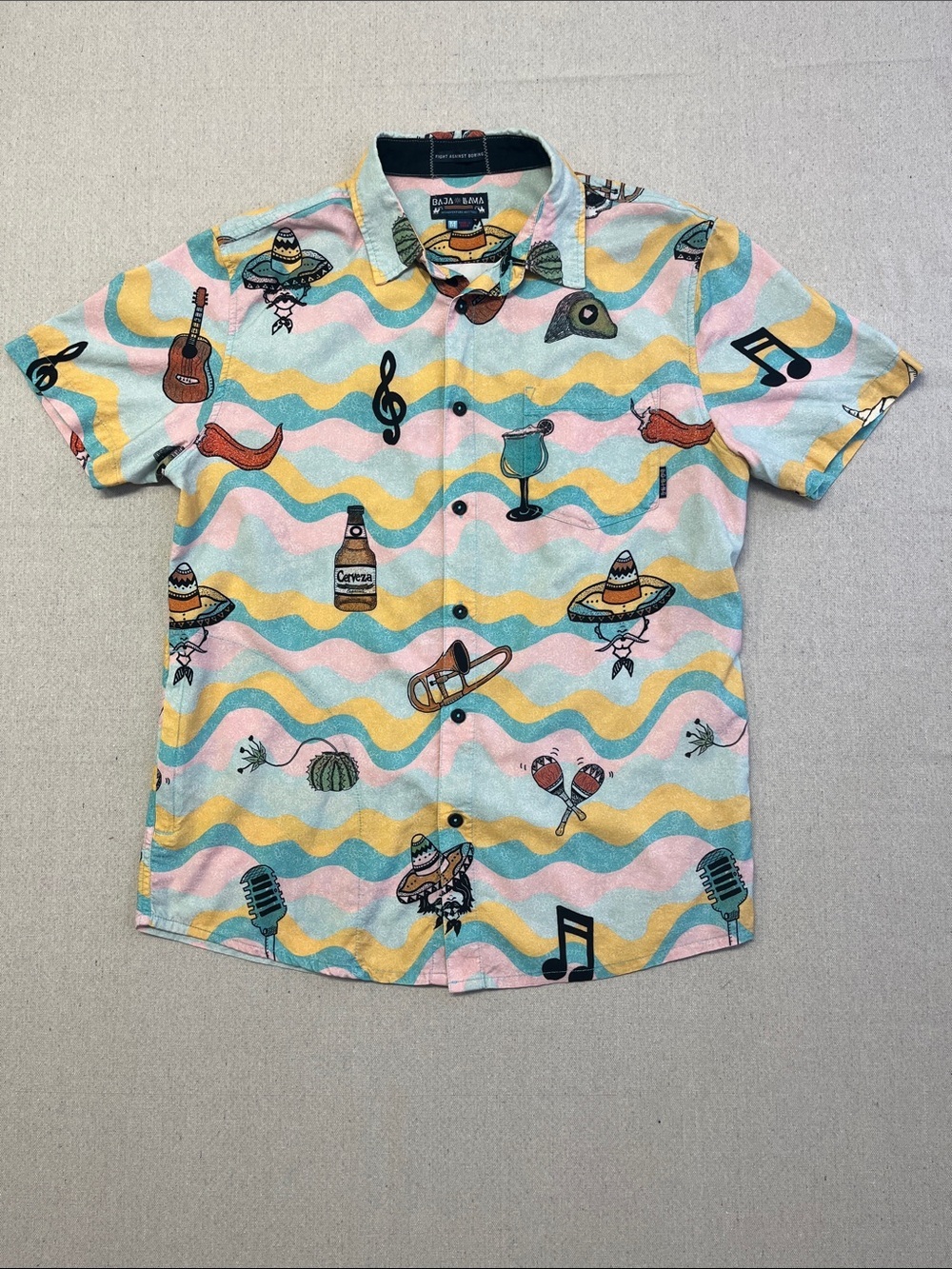 Baja Llama Fiesta Print Button Up Shirt Mens Medium Cotton Blend Camp Top